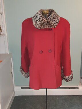 MDP MARIO DE PINTO LADIES RED WOOL COAT FAUX LEOPARD FUR COLLAR & CUFFS SIZE 12